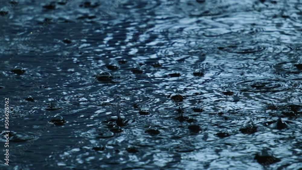 Slow motion of heavy rain with multiple splashes and bubbles on wet asphalt surface. Slow motion of heavy rain with multiple splashes and bubbles on wet asphalt surface.