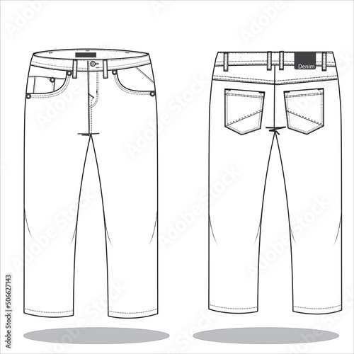 Denim Pant  flat sketch template Design. Men's Trousers Technical Fashion Illustration. denim  Long pant technical sketch Front and Back View 