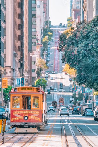 Photography San Francisco, California, USA - October 16, 2021, the cable car ascends the popular hill of Powell Street in the vibrant downtown area of Union Square in downtown San Francisco