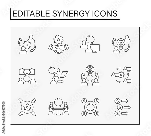 Synergy line icons set. Interaction or cooperation of organizations. Ideas generated. Coworking concept. Isolated vector illustrations. Editable stroke