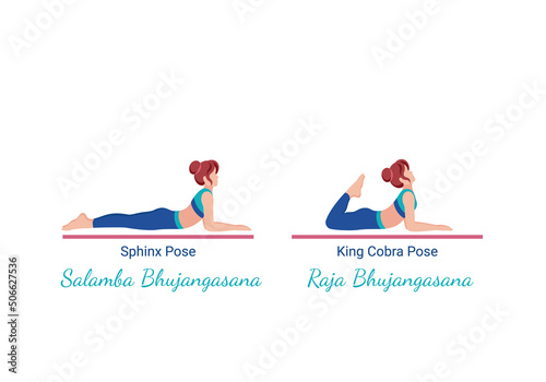 Young woman is lying in Salamba and Raja Bhujangasana. Active woman in Sphinx and King Cobra stretching. Girl is exercising enjoying healthy lifestyle. Vector Illustration isolated on white background