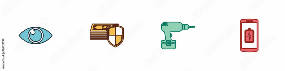 Set Eye, Money protection, Drill machine and Smartphone battery charge icon. Vector Set Eye, Money protection, Drill machine and Smartphone battery charge icon. Vector