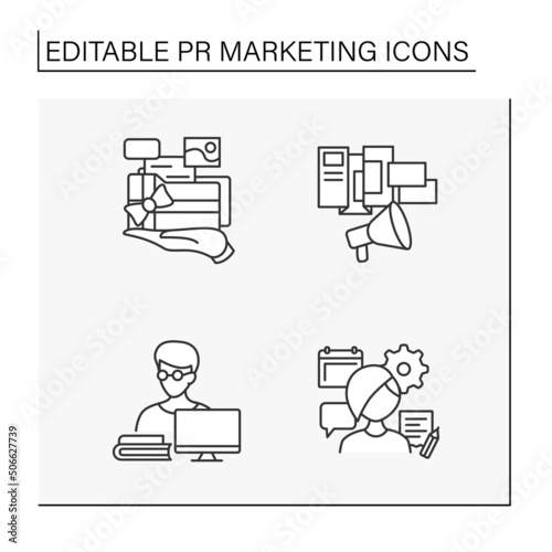 PR marketing line icons set. Portfolio, flyers and brochures, publicist, event manager. Communication. Social media concept. Isolated vector illustrations. Editable stroke