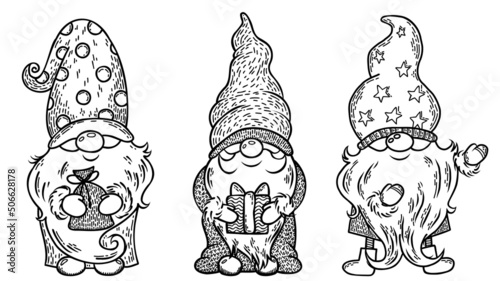 Vector Christmas gnomes cartoons. Cute Little Christmas Gnome Collection. New Year's gnomes with gifts in hats