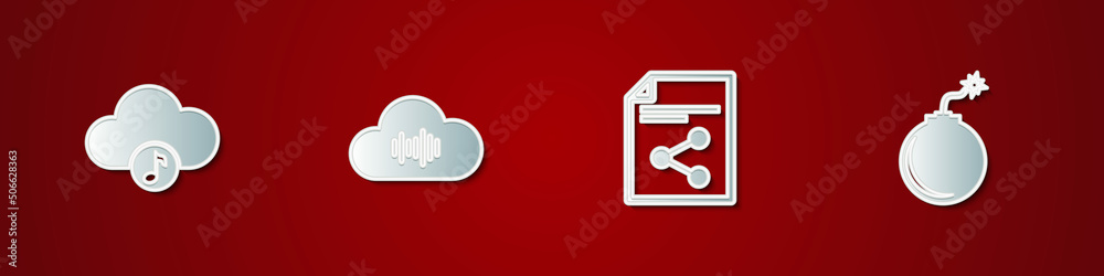 Set Music streaming service, , Share file and Bomb ready to explode icon. Vector Set Music streaming service, , Share file and Bomb ready to explode icon. Vector