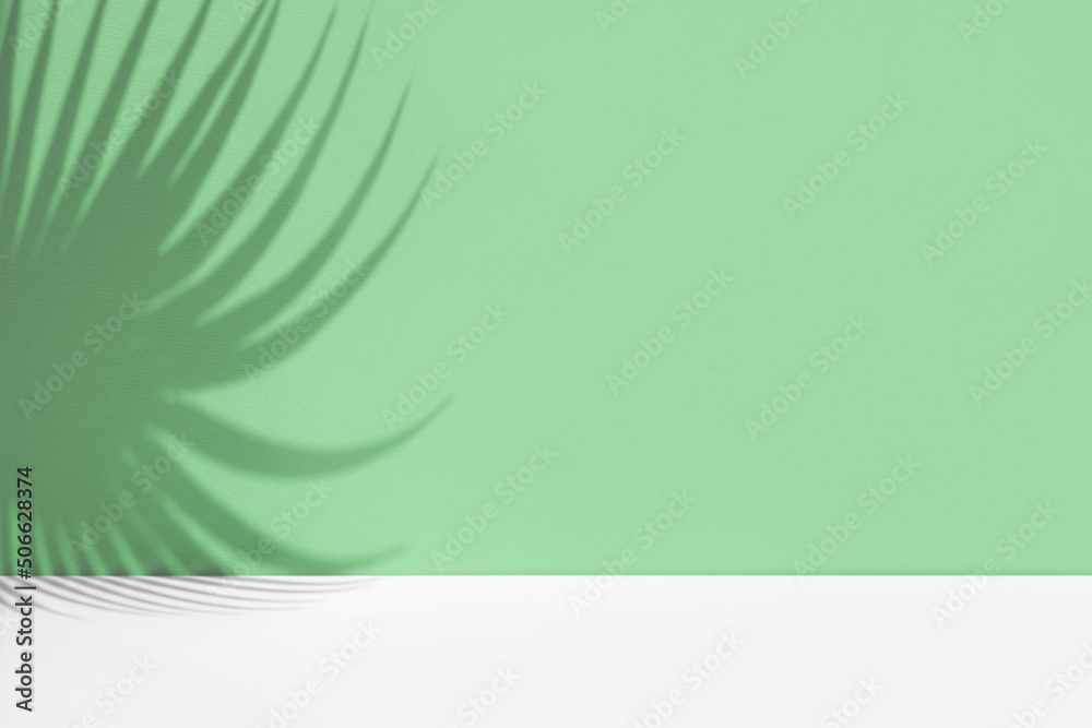 Minimal abstract background with shadow of tropical palm leaves. Presentation of cosmetic product. Premium podium on pastel light green wall and white table. Showcase, display case, Front view. Mockup Minimal abstract background with shadow of tropical palm leaves. Presentation of cosmetic product. Premium podium on pastel light green wall and white table. Showcase, display case, Front view. Mockup