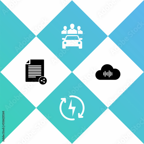 Set Share file, Recharging, Car sharing and Music streaming service icon. Vector