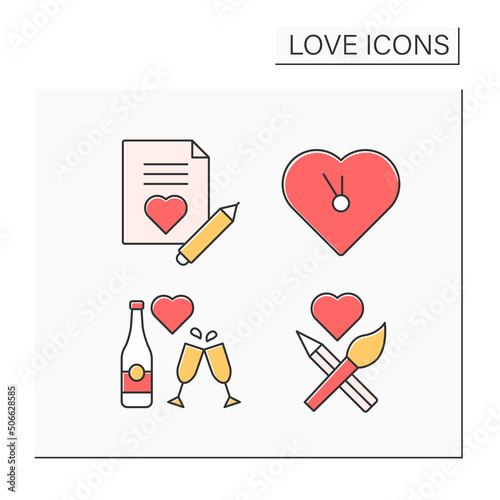 Love color icons set. Love letter, heart-shaped clock, champaign and crossed brush. Relationship concept. Isolated vector illustrations