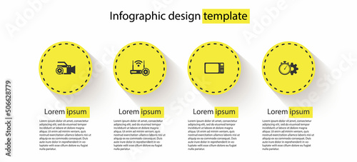 Set Video camera setting, Router and wi-fi, Microwave oven and Time management. Business infographic template. Vector