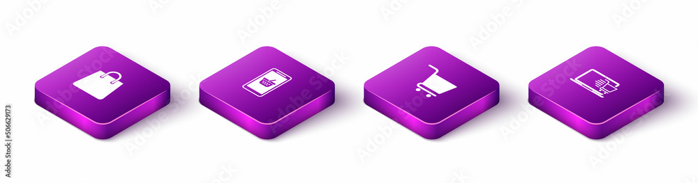 Set Isometric Handbag, Mobile shopping basket, Shopping cart and on laptop icon. Vector