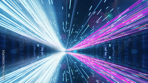 3D rendering of warp speed in a hyper loop with blurred light from building lights in a metropolis at night. Next generation technology concept, fintech, big data, 5g fast network, machine learning