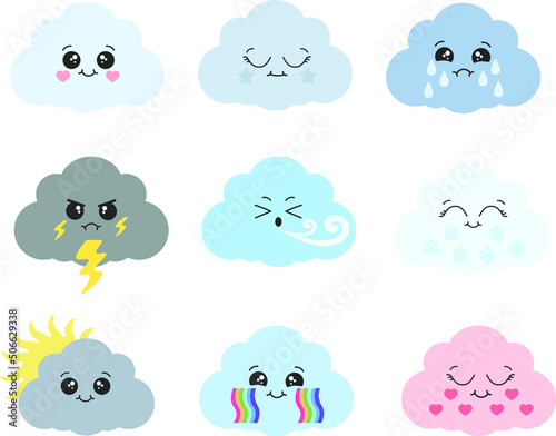 Cute clouds vector illustration for kids. isolated kids design, stickers. Baby shower clouds in kawaii style