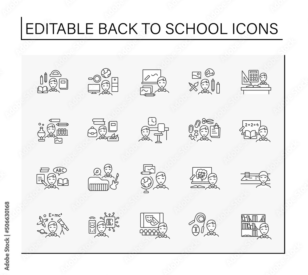 Back to school line icons set. Happy schoolboy ready to study. School subjects. Education concept. Isolated vector illustrations. Editable stroke