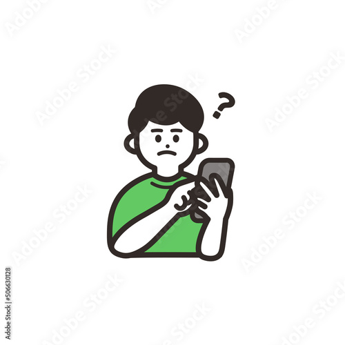 疑問に思いながら携帯を使用する男性　green