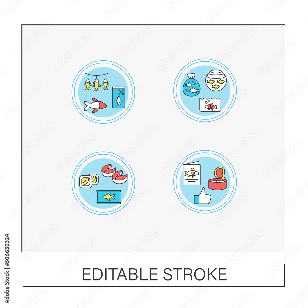  Fishing industry concept icons set. Manufacturing of ready-made fish products. Nature protection. Business. Vector isolated conception metaphor illustrations.Editable stroke