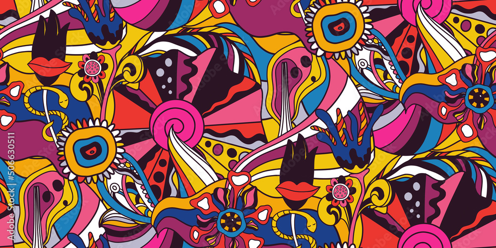 Vector retro colorful psychedelic seamless pattern in 1970s style Stock ...