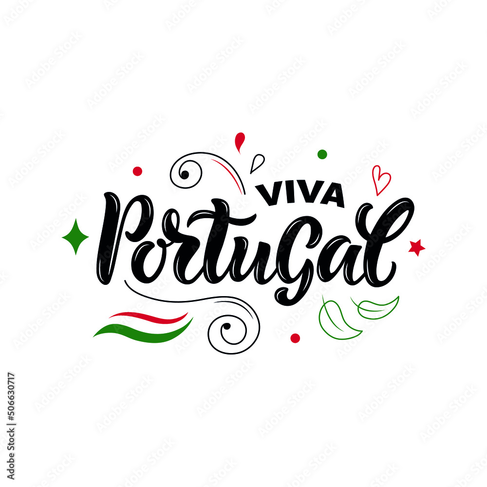 Viva Portugal handwritten text (Long Live Portugal) in Portuguese for holiday celebration on June 10. Vector illustration for banner, poster, greeting card. Modern brush calligraphy. Hand lettering