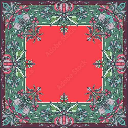 Vector colorful shawl print with beautiful hand drawn floral pattern