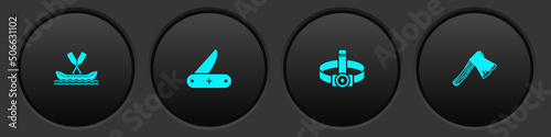 Set Rafting boat, Swiss army knife, Head flashlight and Old wooden axe icon. Vector