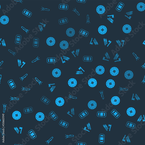 Set Rafting boat, Compass, Wooden axe and wood and Flashlight on seamless pattern. Vector