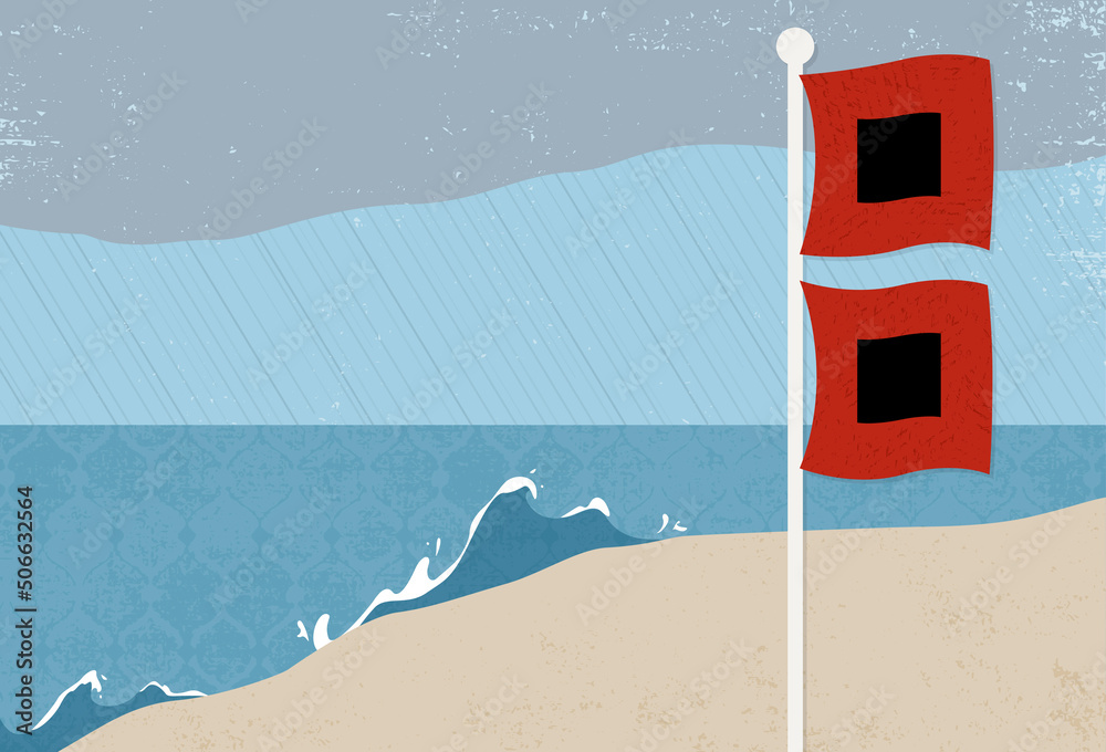Hurricane warning flags flying on the beach, in a cut paper style with