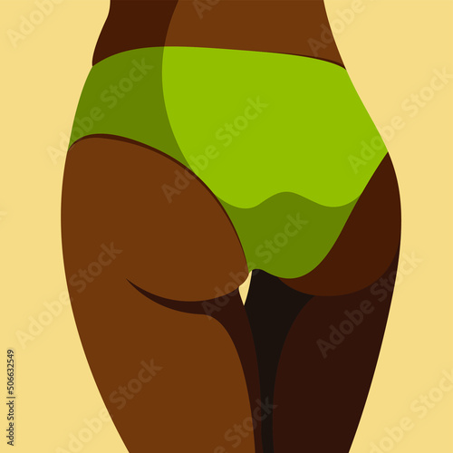 vector image on the theme of summer vacation and beach holidays. tanned beautiful juicy female buttocks in a bright yellow swimsuit on the beach. useful for web design, flyers, cards, posters, prints.