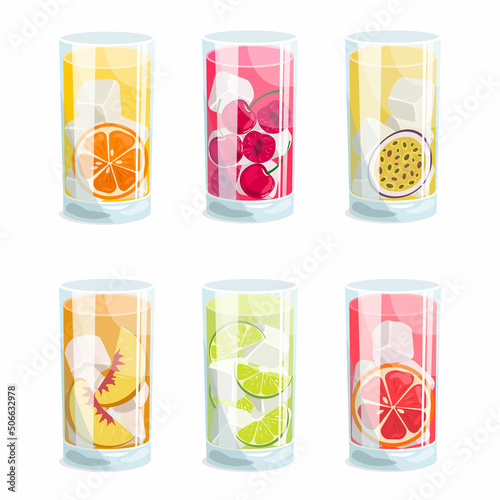 Drink glasses with different fruit and berry juices or cocktails with ice and slices. Vector graphic.