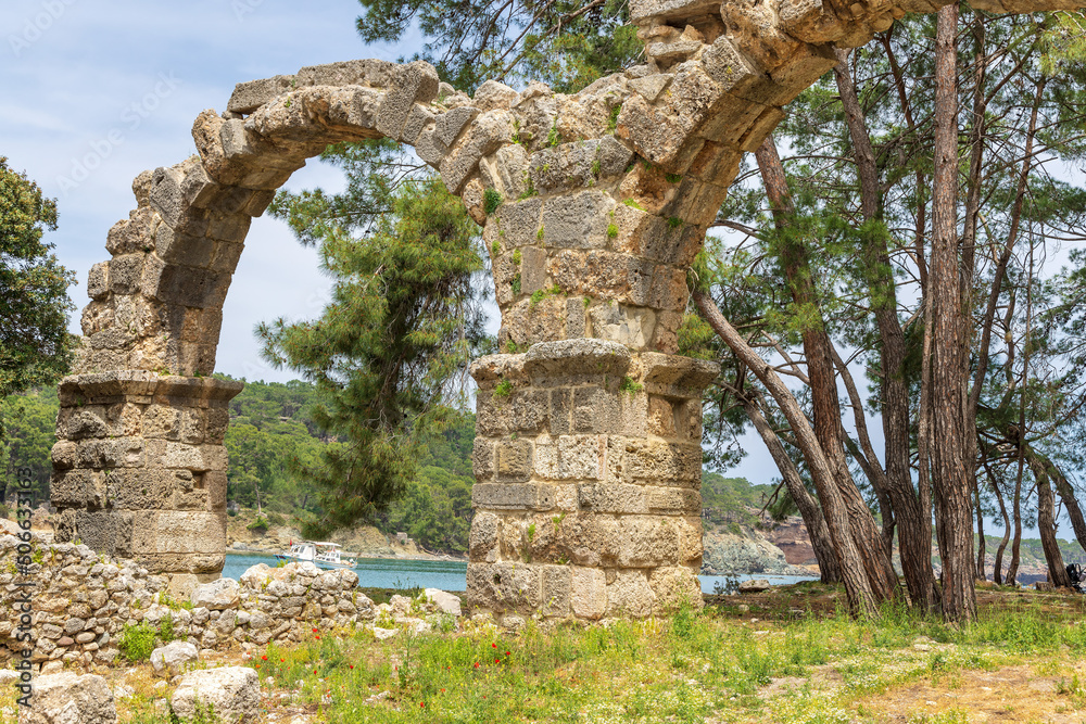 Arches of the Phaselis Aqueduct at the ancient city on the coast of Antalya Province in Turkey.
