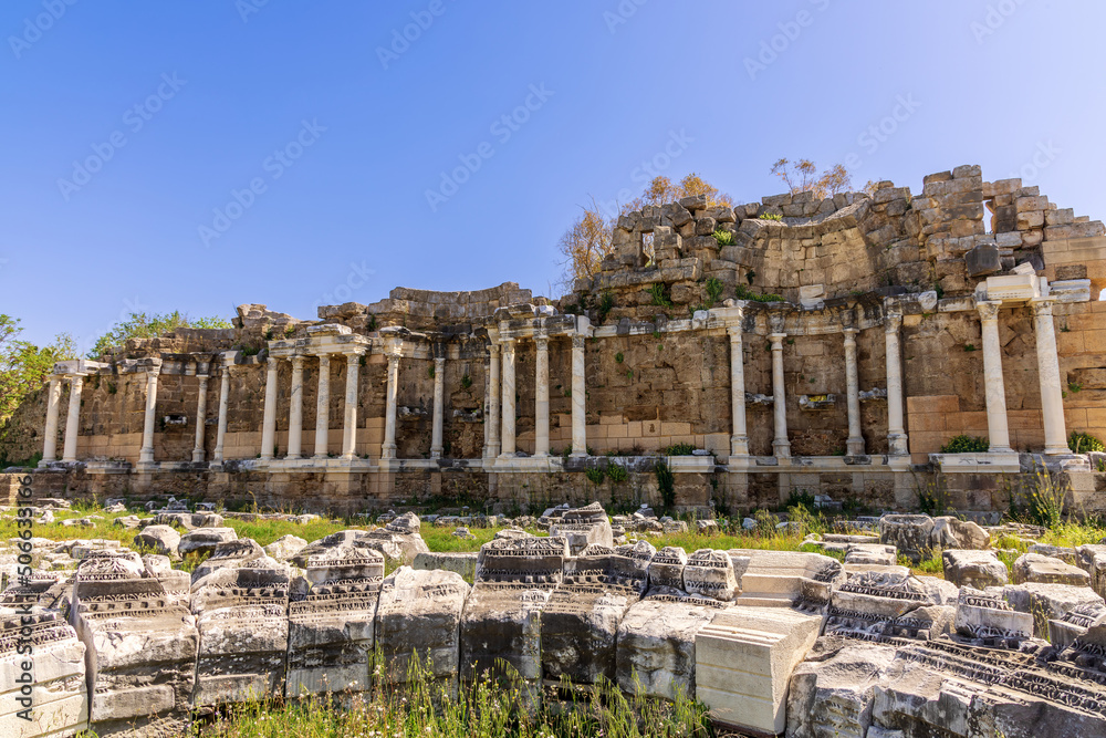 Ruins of the Monumental Fountain, Nymphaeum, in the ancient city of Side, Turkey. 