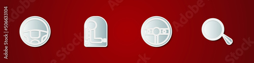 Set Steering wheel, Gear shifter, and Car mirror icon. Vector