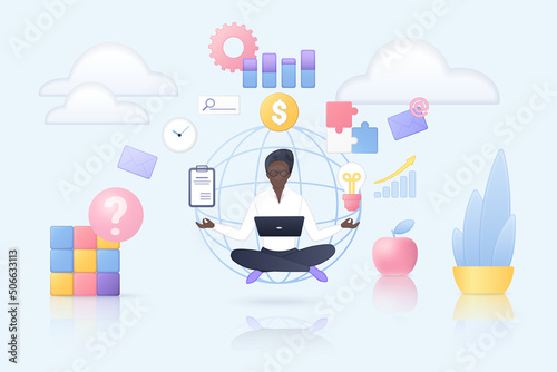 Workaholic professional businessman with lot of flying business tasks. Effective work of multitasking busy employee in serene lotus pose flat vector illustration. Office, time control, plan concept