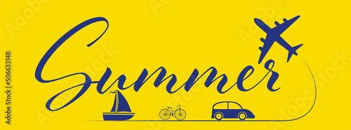 Creative summer banner layout design with airplane, car, bicycle, boat vector illustration. Travel, transport concept illustration to use in tourism, summer holiday, business travel projects. 
