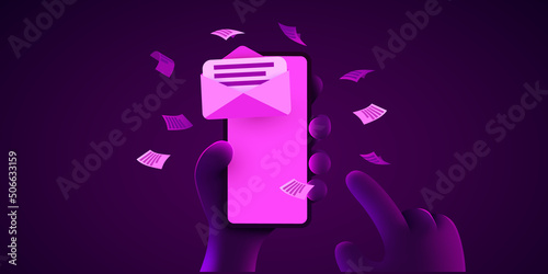 Hand holding mobile smart phone with mail app. Mail service concept.