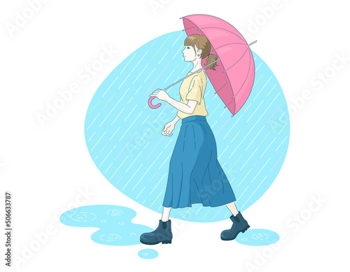 雨の日に傘をさして外出する女性のイラスト. ポジティブなイメージ. 梅雨. 全身.