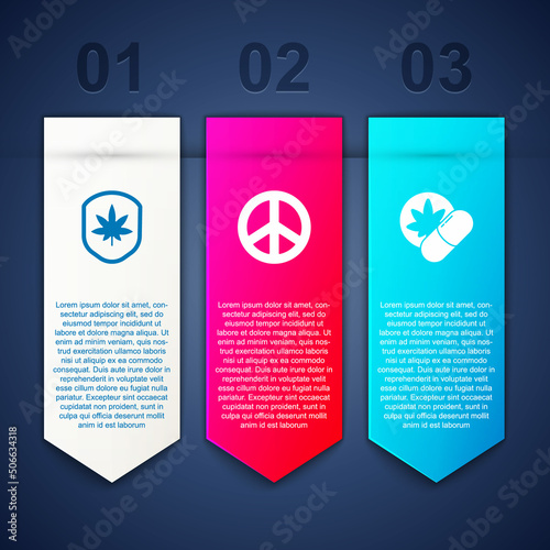 Set Shield and marijuana leaf, Peace and Herbal ecstasy tablets. Business infographic template. Vector
