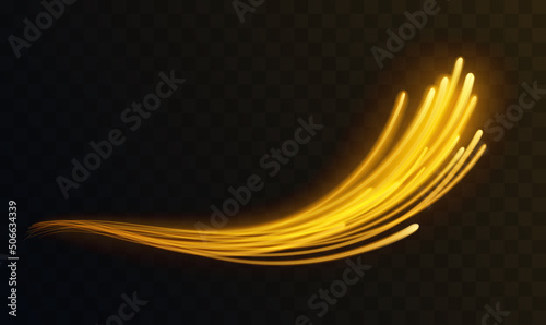 Golden yellow energy glowing motion lines, waves, curved shining abstract light effect vector illustration. Magic speed flying trails of shine, bright shimmer particles fly transparent dark background