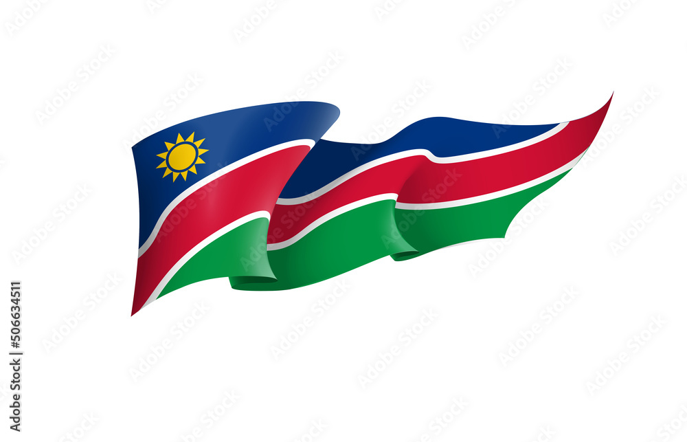 Namibia flag state symbol isolated on background national banner. Greeting card National Independence Day of the Republic of Namibia. Illustration banner with realistic state flag. Namibia flag state symbol isolated on background national banner. Greeting card National Independence Day of the Republic of Namibia. Illustration banner with realistic state flag.