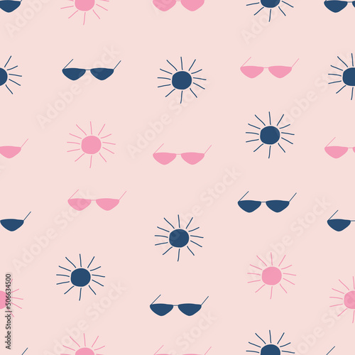 Sun and sunglasses hand drawn vector illustration. Colorful summer seamless pattern for kids fabric or wallpaper.