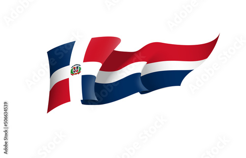 Dominican flag state symbol isolated on background national banner. Greeting card National Independence Day of the Dominican Republic. Illustration banner with realistic state flag.