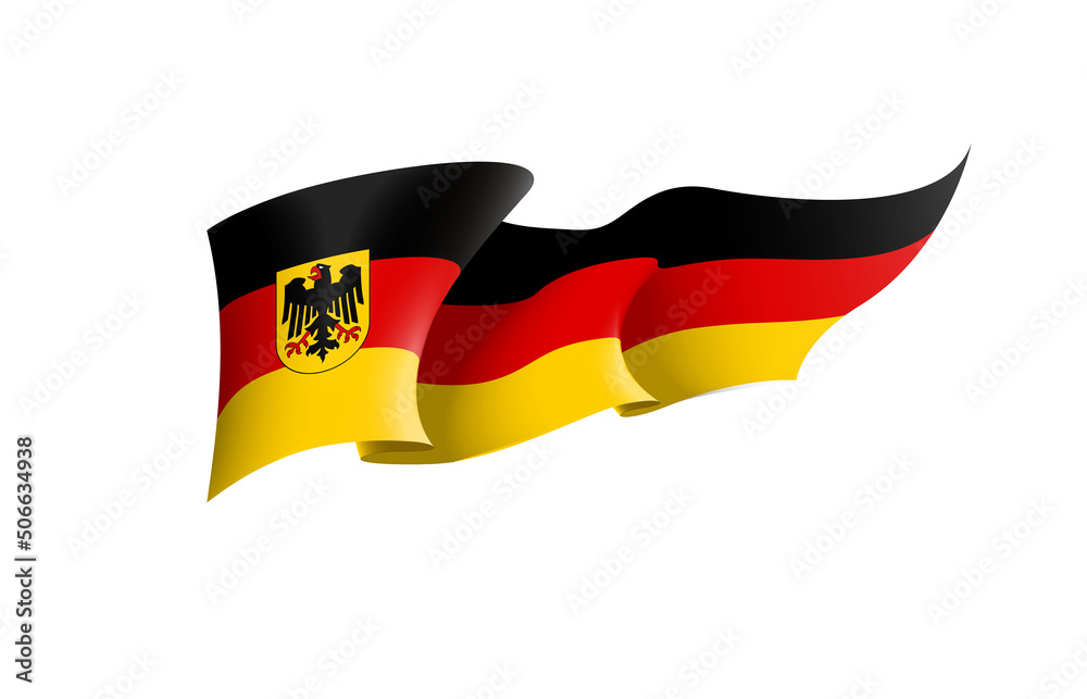 Obraz premium Germany flag state symbol isolated on background national banner. Greeting card National Independence Day of the Federal Republic of Germany. Illustration banner with realistic state flag of FRG.