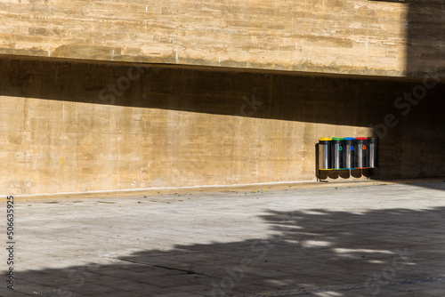 Ecological trash cans fixed in the city center, sustainability, ecological behavior, São Paulo, SP, Brazil