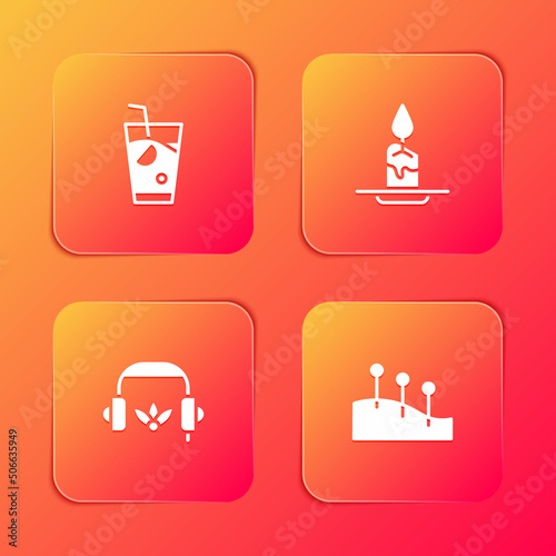 Set Fresh smoothie, Aroma candle, Headphones for meditation and Acupuncture therapy icon. Vector