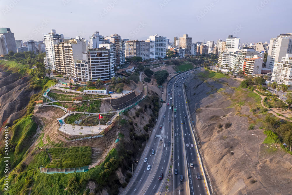 Aerial view of La Costa Verde and the Miraflores boardwalk in Lima.