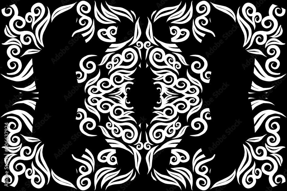  Black and white caleidoscope gradient flower and leaf line art pattern of indonesian culture traditional tenun batik ethnic dayak ornament for wallpaper ads background 