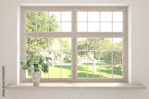 Wooden window with summer landscape. 3D illustration