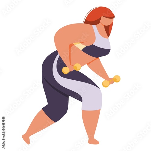 A young woman in sportswear exercises with small dumbbells.