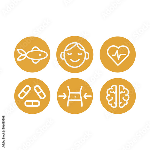 Fish oil icons set. Omega vitamin benefits. Vector illustration for dietary supplement medicine products advertising design