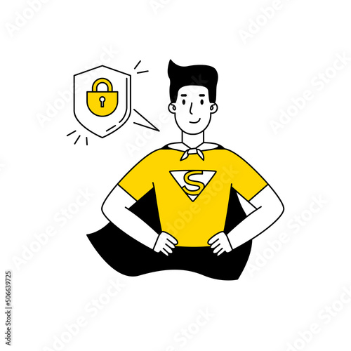 Man data protection illustration security. Flat cartoon simple style. Hero concept