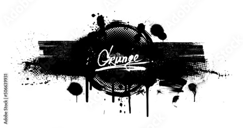 Dirty ink texture for text, information, lettering, logo. Black grunge texture. Ink distress background with grunge spray, brushstoke. Dirty ink texture with drops blots. Vector isolated backdrope