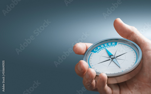 Hand holding compass with needle pointing the text career opportunity over blue background. Composite image between a 3d illustration and a photography.